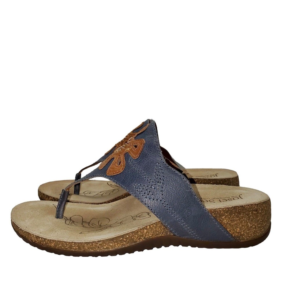 Josef Seibel Women’s Blue With Tan Foral Wedge Flip Flops Size 38 EU/7.5 US